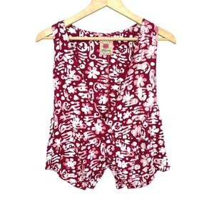 VTG TRAMP Red Rayon Batik Dyed Print Sleeveless V Neck Crop Vest Botanical M